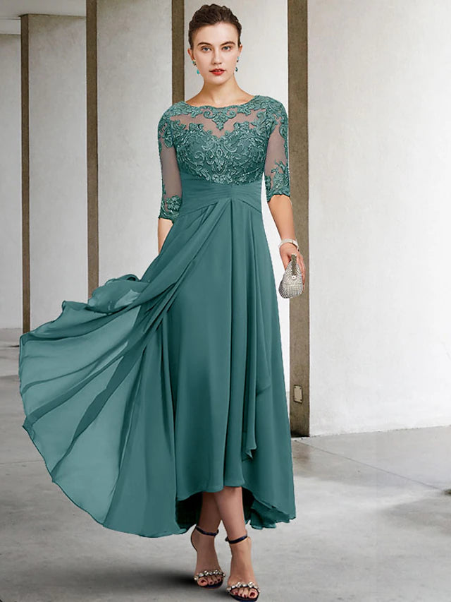 A-Linien-Kleid für die Brautmutter, Übergröße, elegant, hoher und niedriger V-Ausschnitt, asymmetrisch, knöchellang, Chiffon, Spitze, halbe Ärmel mit Perlenapplikationen
